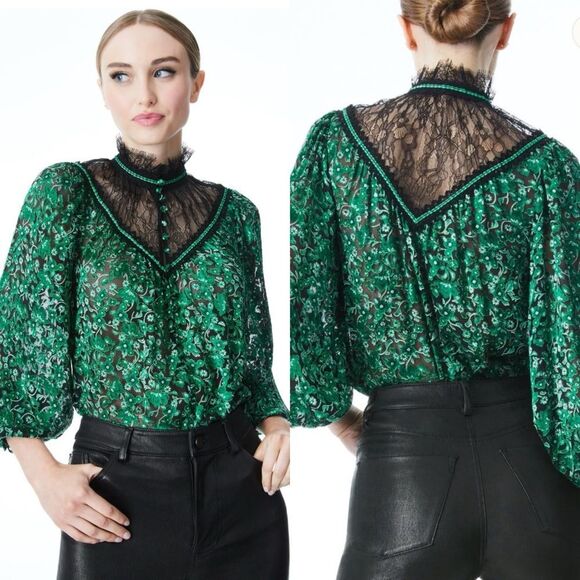 Alice + Olivia Clarice illusion yoke Floral Blouse green silk women’s S‎